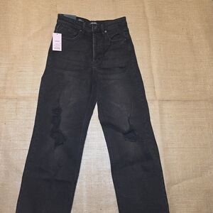 High Rise Straight Black Distressed Jeans